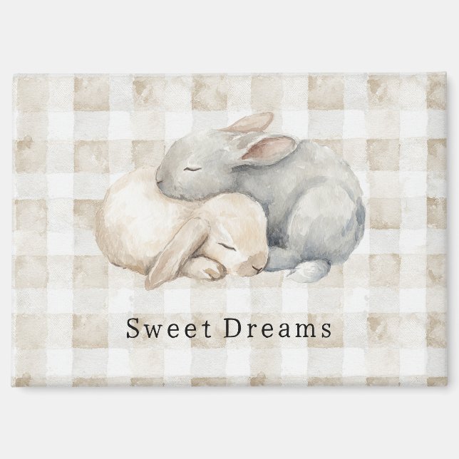 Aimant Mignons lapins endormis carreaux gris crème (Recto)