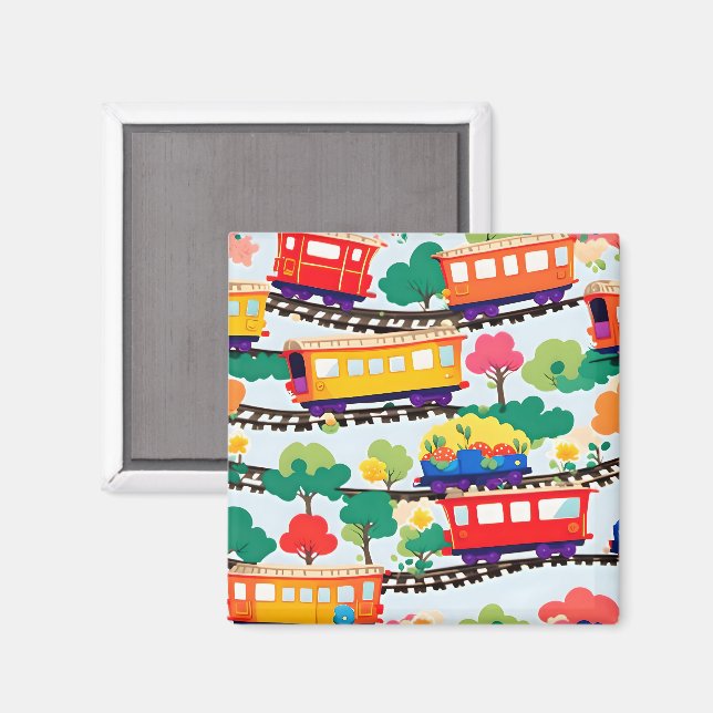 Aimant Mignons trains et motif d'arbres bleu (Recto/Verso)