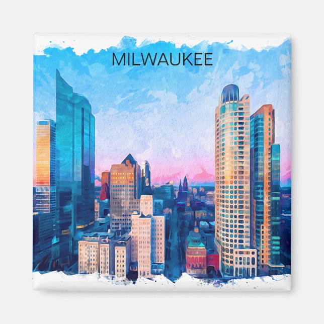 Aimant Milwaukee Wisconsin Aquarelle Cityscape Travel (Devant)