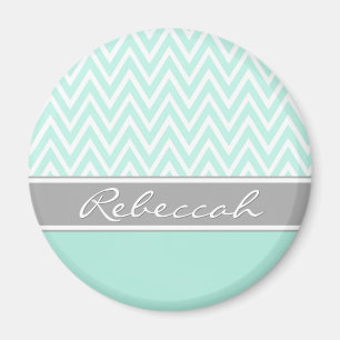 Aimant Mint Green White Chevron Zigzag Motif Grey Nom