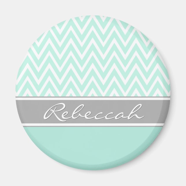 Aimant Mint Green White Chevron Zigzag Motif Grey Nom (Devant)