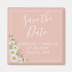 Aimant Modern Blush & White Daisies Save The Date Square
