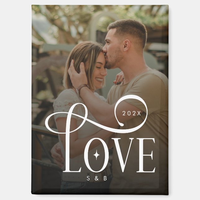 Aimant Modern Script Love Custom Engaged Couples Photo (Recto)