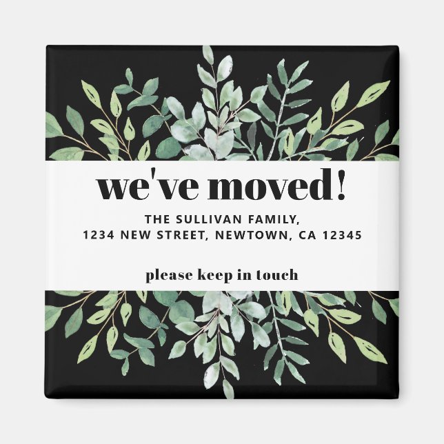 Aimant Modern We've Moved Eucalyptus Greenery Black (Devant)