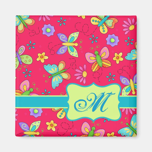 Aimant Modern Whimsy Butterflies on Red Monogram Personal (Devant)