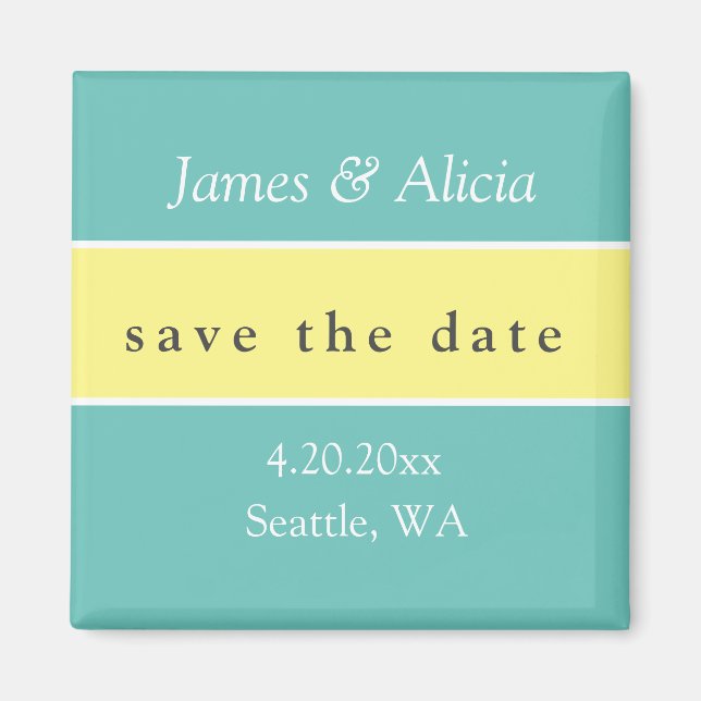 Aimant Moderne Aqua et jaune Save the Date (Devant)