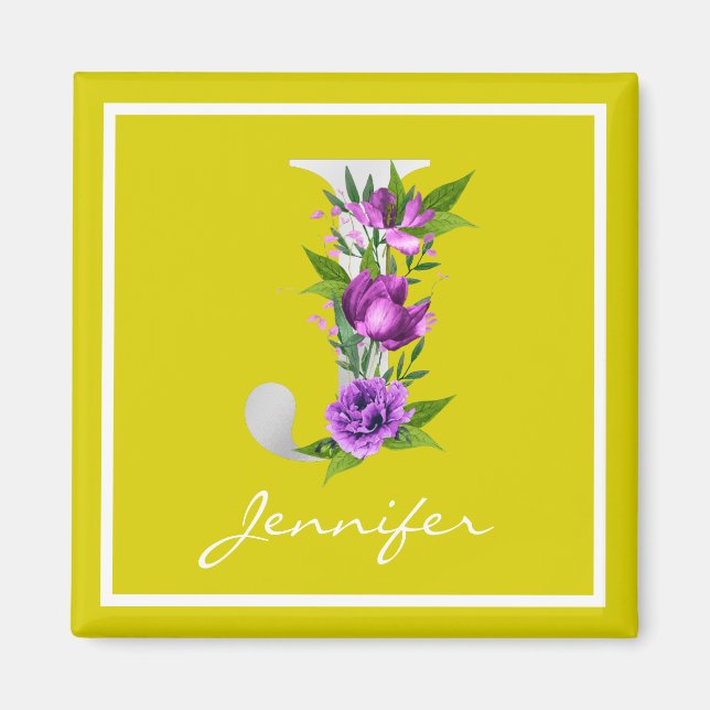 Aimant Moderne jaune blanc métallique Floral J Monogramme (Devant)