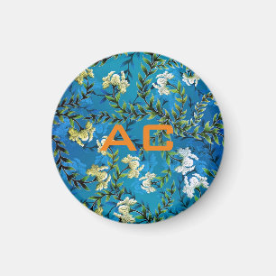 Aimant Moderne Monogramme Bleu Floral Chic