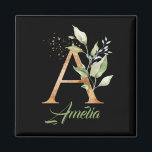 Aimant Moderne tendance Un monogramme vert et doré noir<br><div class="desc">Moderne tendance Un aimant noir vert et doré monogramme personnalisé avec le nom, peut être utilisé pour la Fête des mariées, le Baby shower, le Fiançailles Mariage, Anniversaire ou fête d'anniversaire. Le design Extraordinaire présente des feuilles d'eucalyptus vert aquarelle tissés en lettre A et des éclaboussures et éclaboussures en faux...</div>