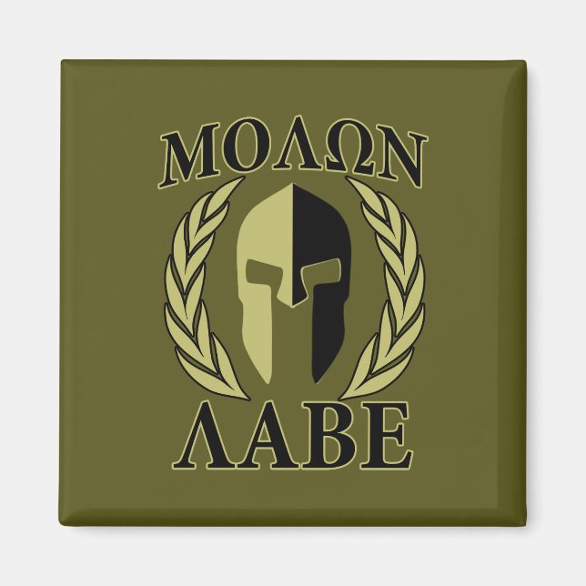 Aimant Molon Labe Laurels en Masque Spartiate Vert olive (Devant)