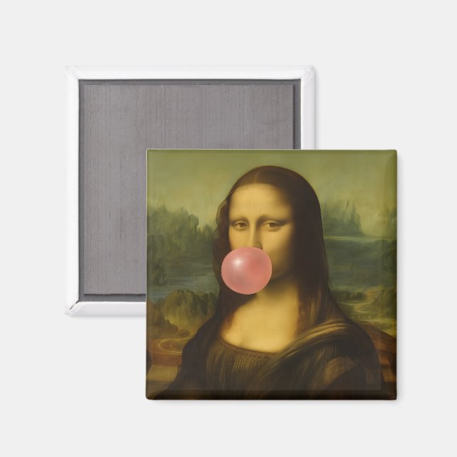Aimant Mona Lisa soufflant de bulle rose (Recto/Verso)