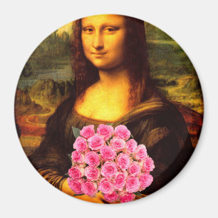Aimant Mona Lisa With Bouquet Of Pink Roses