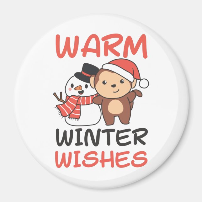 Aimant Monkey Warm Winter souhaite Snowman (Devant)