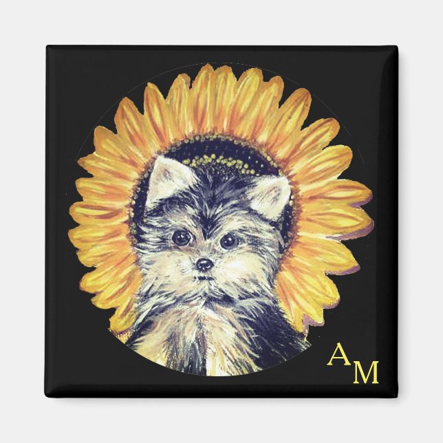 Aimant Monogram, chien du Yorkshire & tournesol sur fond  (Devant)