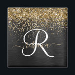 Aimant Monogramme à étincelle noire à Parties scintillant<br><div class="desc">Personnalisez facilement ce design élégant et branché d'aimant avec une jolie parties scintillant dorée brillante sur un arrière - plan métallique brossé noir.</div>