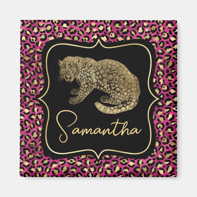 Aimant Monogramme Animalier Or Imprimé Léopard Rose Luxe (Devant)
