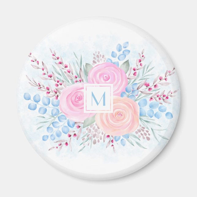 Aimant Monogramme Bouquet d'aquarelle Roses roses Bleues  (Devant)