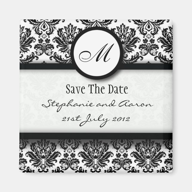 Aimant Monogramme Damas noir et blanc Enregistrer la date (Devant)