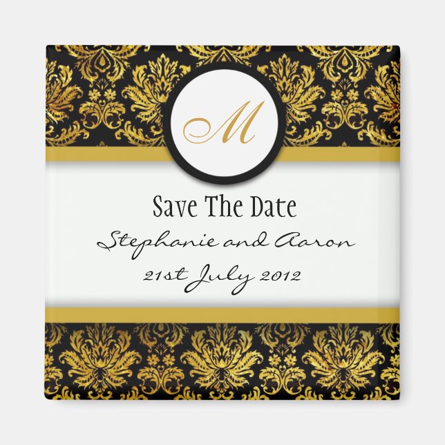 Aimant Monogramme Damas noir et or Enregistrer la date (Devant)