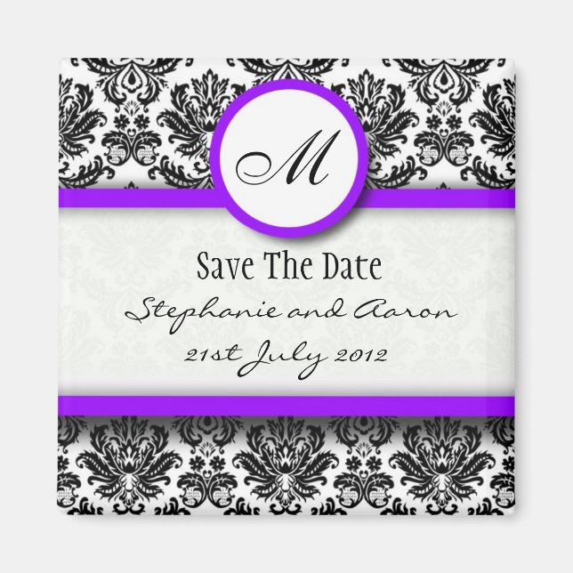 Aimant Monogramme Damas noir et violet Enregistrer la dat (Devant)