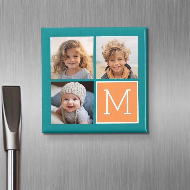 Aimant Monogramme de collage photo orange et bleu (Personalized fridge magnet with photos and custom text)