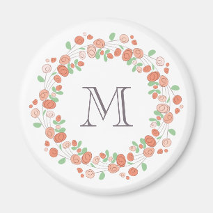 Aimant monogramme de couronne de roses coralliens