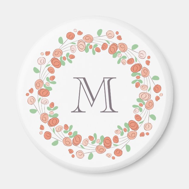 Aimant monogramme de couronne de roses coralliens (Devant)