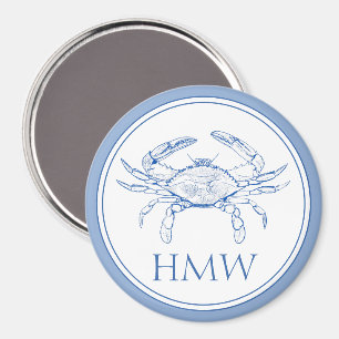 Aimant Monogramme de crabe bleu et blanc côtier