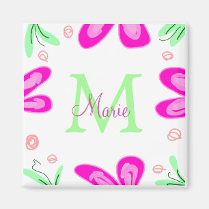 Aimant monogramme de fleur rose ajouter nom lettre feuill
