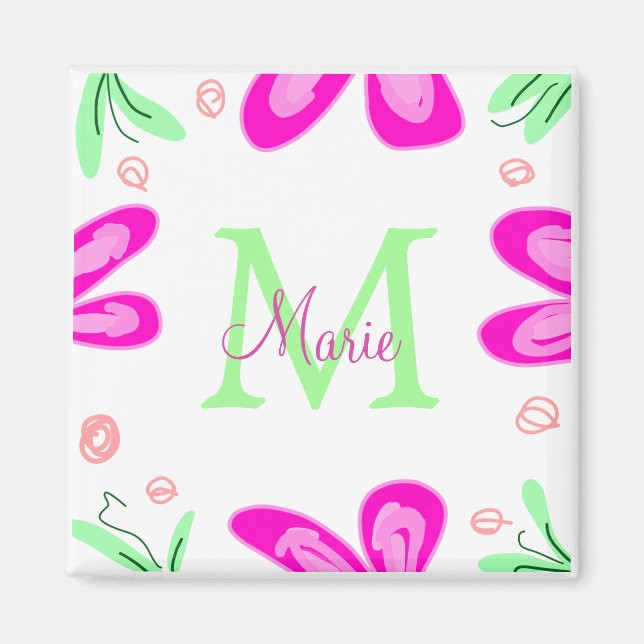 Aimant monogramme de fleur rose ajouter nom lettre feuill (Devant)
