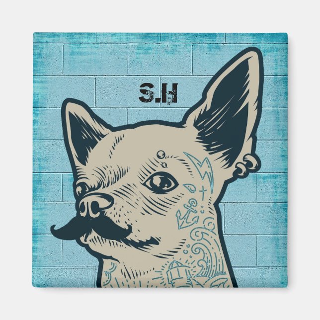Aimant Monogramme de graffiti Mustache Chihuahua (Devant)