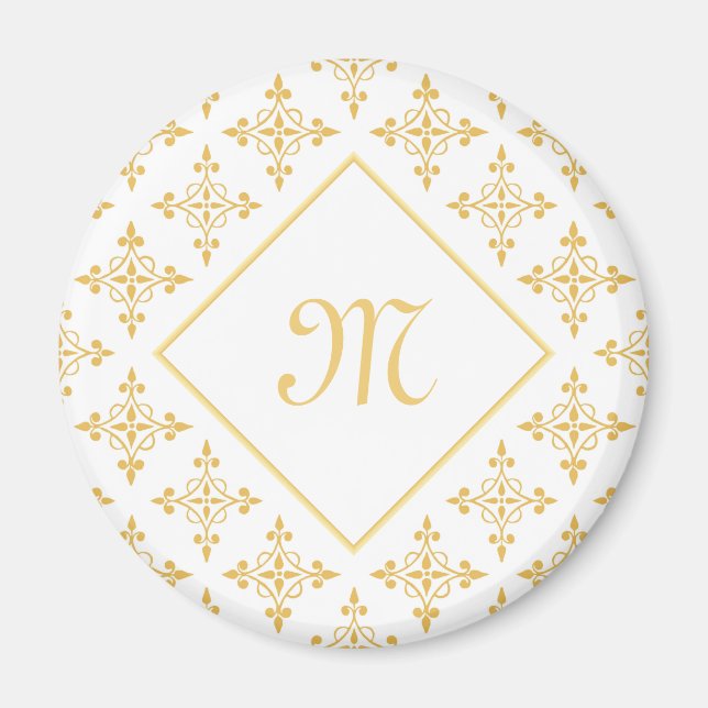 Aimant Monogramme de luxe Blanc et or Quatre Floral (Devant)
