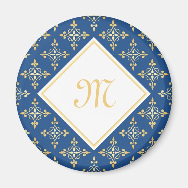 Aimant Monogramme de luxe Blue et Gold Quatre Floral (Devant)