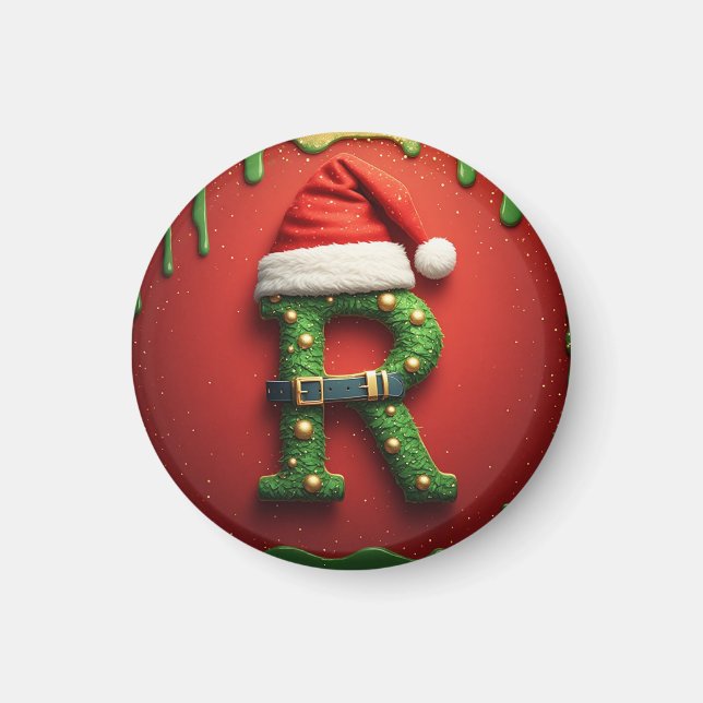 Aimant Monogramme de Noël R avec chapeau de Père Noël – C (Devant)