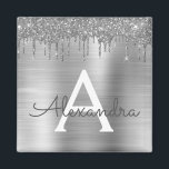 Aimant Monogramme de nom en métal brossé avec paillettes<br><div class="desc">Monogramme de nom et initiale en métal brossé avec paillettes métallisées argentées pour fête. C'est le cadeau idéal pour un anniversaire des 16 ans, un mariage, une douche de mariée, un anniversaire de mariage, une baby shower ou une soirée d'enterrement de vie de jeune fille pour quelqu'un qui aime le...</div>