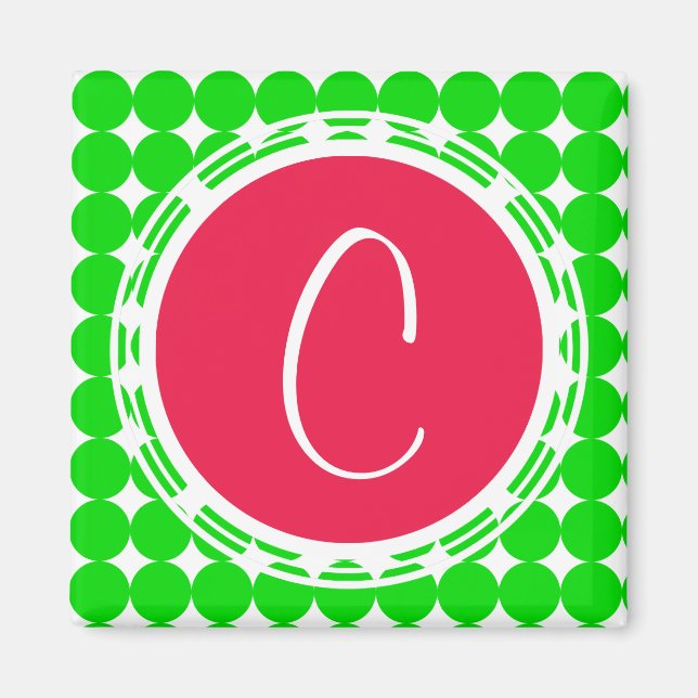 Aimant Monogramme de point de polka rouge et vert (Devant)