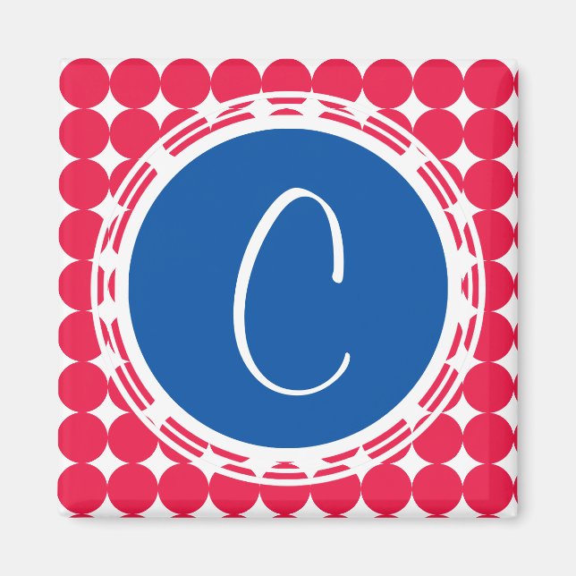 Aimant Monogramme de point Polka bleu et rouge (Devant)