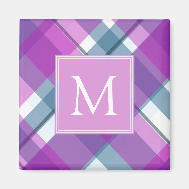 Aimant Monogramme de Tartan violet (Devant)
