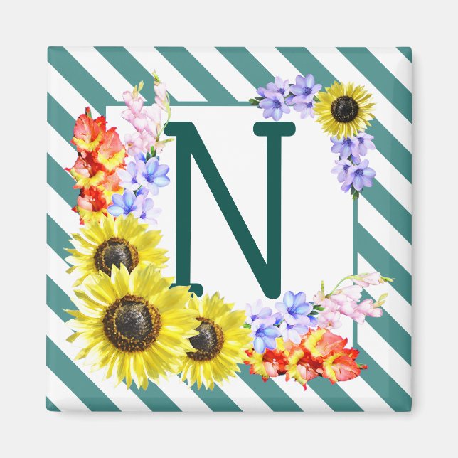 Aimant Monogramme de tournesol Rayures Turquoises (Devant)