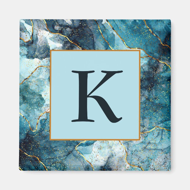 Aimant Monogramme en marbre pailleté bleu et or (Devant)