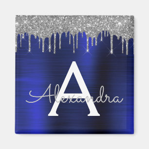 Aimant Monogramme en métal brossé avec paillettes bleu ma