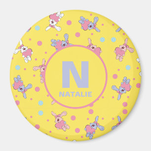 Aimant Monogramme et nom des lapins enfants sur jaune