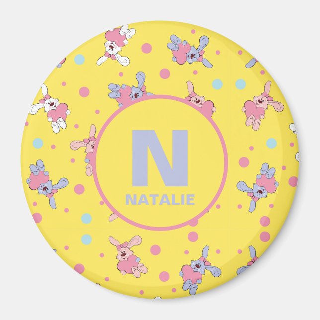 Aimant Monogramme et nom des lapins enfants sur jaune (Devant)