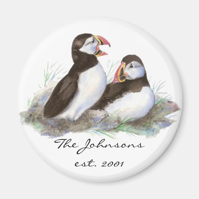 Aimant Monogramme familial personnalisé Cute Puffins (Devant)