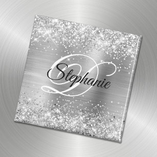 Aimant Monogramme fantaisie en paillettes d'argent brilla