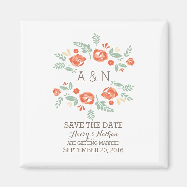 Aimant Monogramme floral de pays orange Enregistrer la da (Devant)