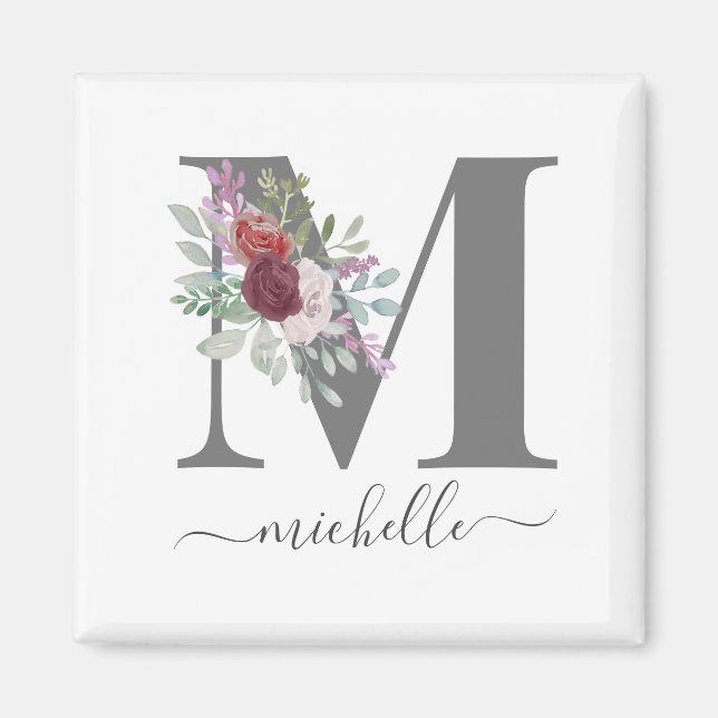 Aimant Monogramme Floral Initial Nom Moderne (Devant)