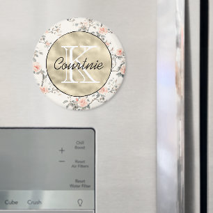 Aimant Monogramme floral or sur fond crème pêche