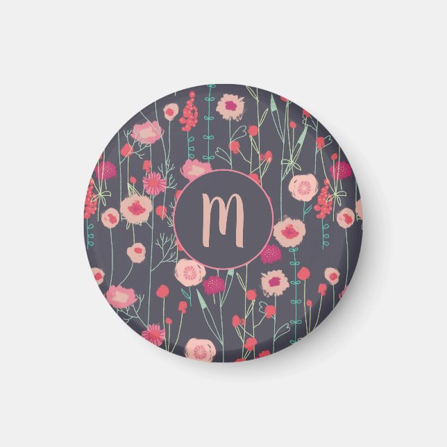 Aimant Monogramme Floral rose noir (Devant)