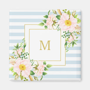 Aimant Monogramme Floral Shabby Chic Pastel Blue Stripes